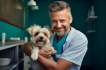 Portrait of smiling veterinarian next to the dog