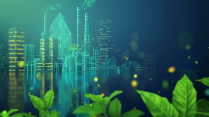 Green industry concept with factory and leaves in futuristic glowing low polygonal style on blue - obrazy, fototapety, plakaty