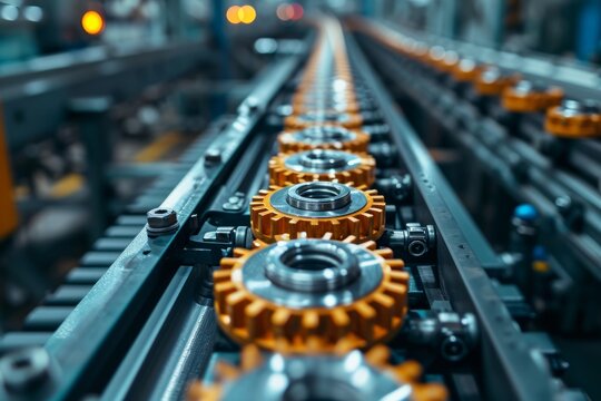 Close-up of assembly line in a modern hi-tech facility. Conveyor in a bright modern industrial workshop with finished parts for high-precision machines and mechanisms.