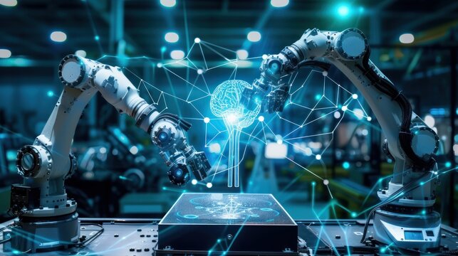 Neural network or artificial intelligence in industry 4.0. Robotic arms creates neural network on podium in virtual reality. Industrial revolution. Concept of futuristic industry technology