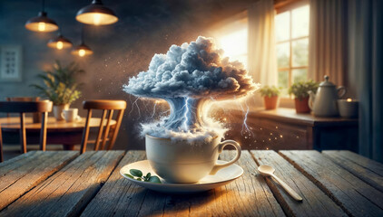 A storm in a teacup. A old-fashioned teacup with a stormy cloud and lightning, on a rustic table, warm cozy interior. - obrazy, fototapety, plakaty
