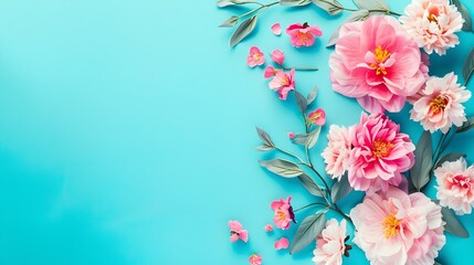 pink flowers with green leaves on a blue background,
