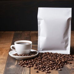 white coffee paper bag packaging mockup with spilled coffee beans on a coffee cup — photoshop mockup - psd mockup - marketing - packaging mockup, coffee bags mockup, cup of coffee, coffee pouch mockup