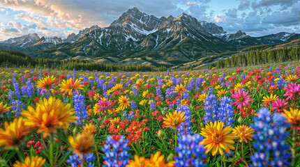 Fototapeta premium Beautiful colorful wildflowers in the foreground and mountains in the background. Illustration for covers, wallpapers, collages and other projects about summertime in wildlife.