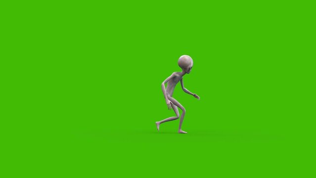Green Screen Gray Alien Walks Side 3D Animation Rendering CGI