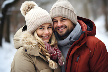 Fototapeta premium portrait of a happy loving couple in warm clothes outdoors in winter. love and family relationships