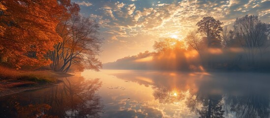 Captivating Beauty of a Misty Autumn Sunrise over a Serene River
