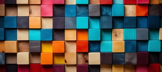 Fototapeta na wymiar Vividly arranged colorful wooden blocks creating a captivating wide format background