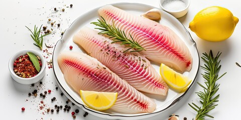 Three fillets of white fish hake with pieces of lemon and rosemary are ready to cook healthy food - obrazy, fototapety, plakaty