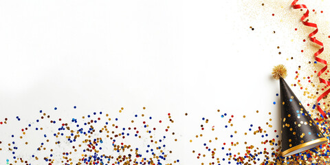 Confettis, chapeau pointu et ruban flonflon, les ingrédients pour un carnaval réussi. Fond blanc avec espace négatif pour texte pour le Carnaval de Nice, Dunkerque, Venise, Rio de Janeiro en février - obrazy, fototapety, plakaty