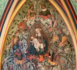  BERN, SWITZERLAND - JUNY 27, 2022: The detail of fresco of Madonna among the Old Testament Kings in the church Franzosichche Kirche by anonym Nelkenmeister (1495-1500). © Renáta Sedmáková