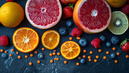 A colorful array of sliced citrus fruits, bursting with nutrition and natural flavor, perfectly...