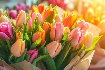 Beautiful bouquet of tulips. Floral composition. Beautiful fresh cut bouquet. Generative AI