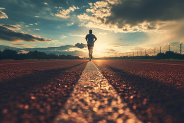 Back view of man runs on a track. Jogging concept at outdoors. Generative AI