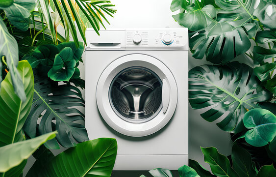 White washing machine with green leaves in it eco concept