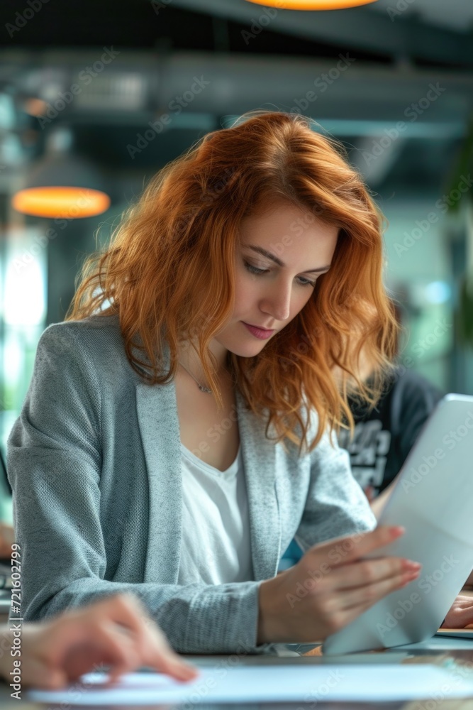Aufkleber a woman is seen sitting at a table, engrossed in using a tablet computer. this image can be used to 