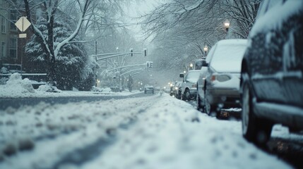 A street filled with numerous cars covered in snow. Perfect for winter-themed projects or showcasing the effects of a snowstorm
