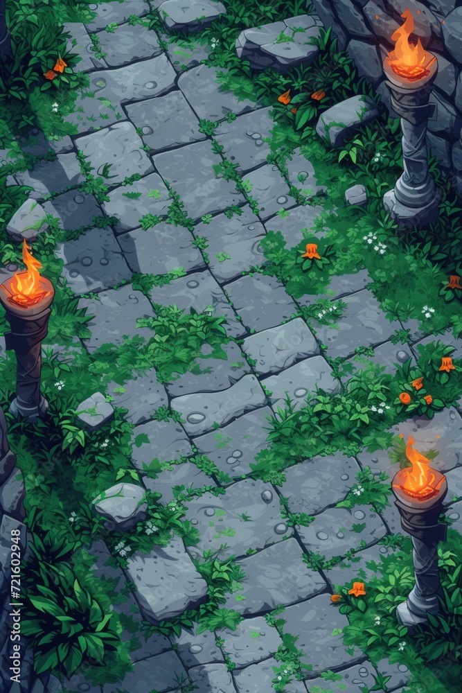 Poster A stone path illuminated by torches. Perfect for creating a mysterious and enchanting atmosphere. Ideal for fantasy-themed projects or historical settings