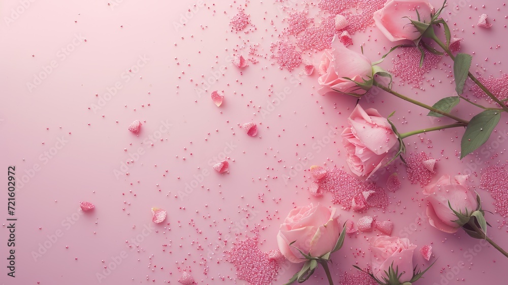 Poster a beautiful arrangement of pink roses placed on a pink surface. perfect for adding a touch of elegan