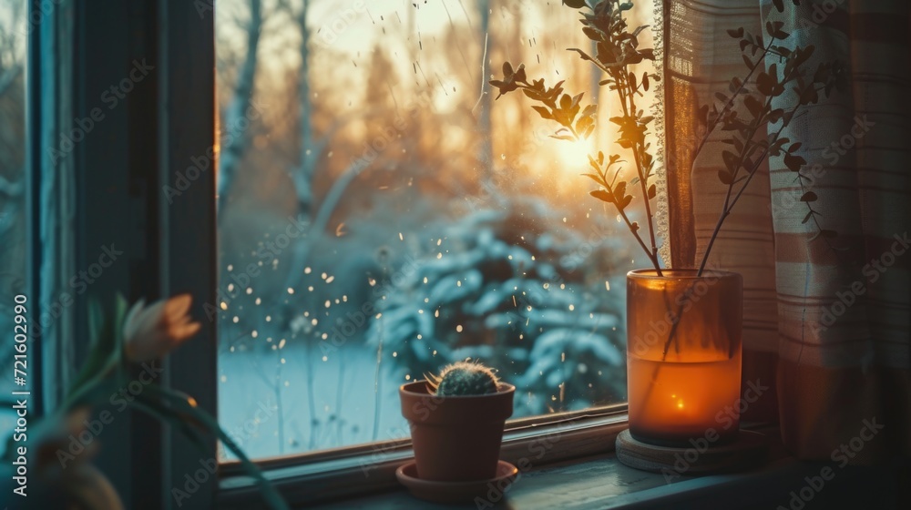 Poster a candle and a potted plant placed on a window sill. perfect for adding a cozy touch to any room or 