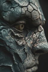 A close-up image of a person's face with cracked skin. This picture can be used to depict aging, dry skin, skin conditions, or the effects of harsh weather conditions