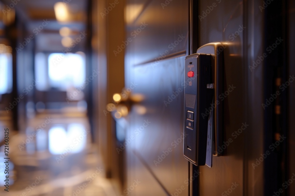 Poster A detailed close-up of a button on a door. This image can be used to represent security, access control, or home automation