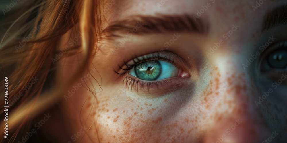 Poster a close-up view of a person's eye with freckles. this image can be used to depict natural beauty or 