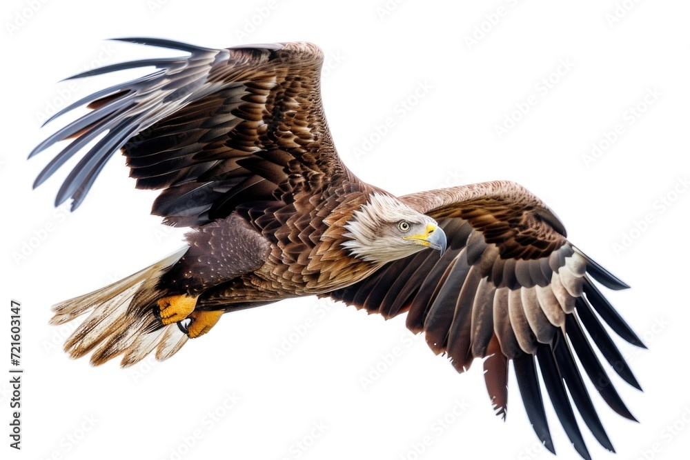 Poster a powerful eagle soaring through the sky, showcasing its grace and strength. ideal for nature enthus