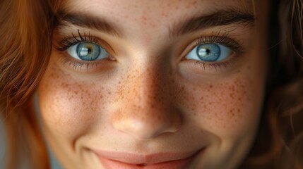 Fototapeta premium Close-up portrait of a young woman's funny facial expression. Funny woman with expressive eyebrows and fun humor look. Unique easy expression.