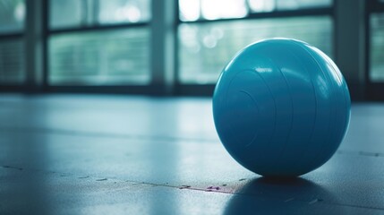 A blue ball sitting on the floor in front of a window. Suitable for various uses