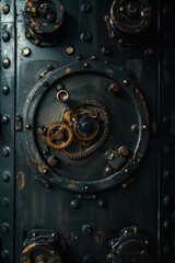 A detailed view of a metal door adorned with gears. This image can be used to depict industrial settings or as a metaphor for problem-solving and mechanisms