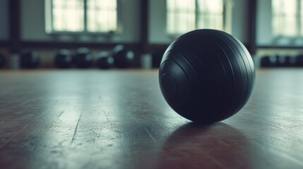 A black ball sitting on top of a wooden floor. Perfect for sports or game-related designs