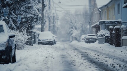 A snowy street with cars parked on the side. Perfect for winter scenes and urban landscapes