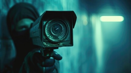 A person is seen holding a camera in a dark room. This image can be used to illustrate photography, creativity, or the concept of capturing moments in low light conditions