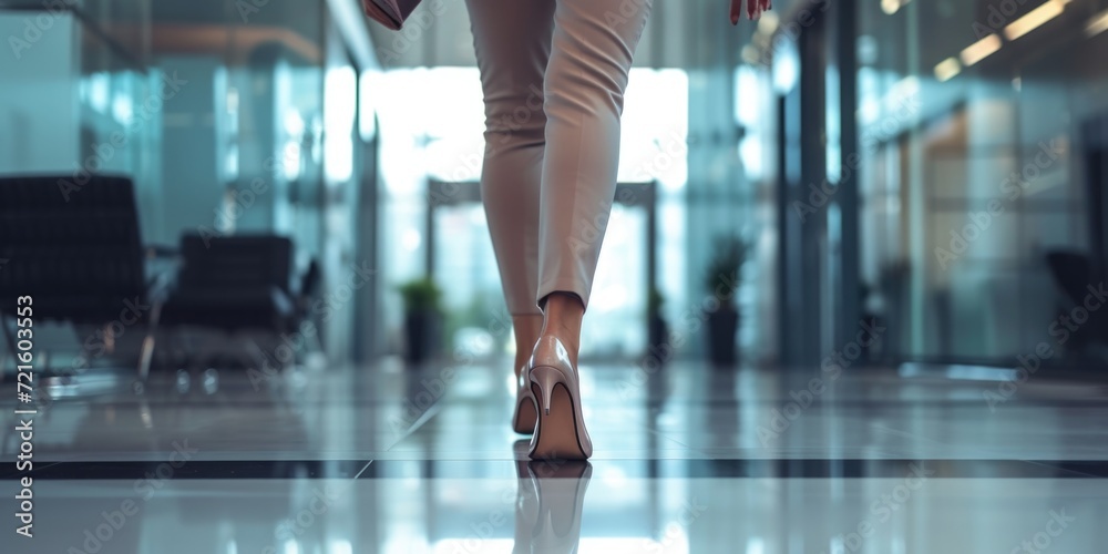 Poster a woman is seen walking down a hallway in a building. this image can be used to depict concepts of m