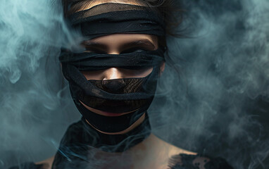 mulher bonita com faixa preta nos olhos e fita preta na boca, fumaça por aí, asfixia social