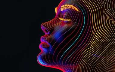 
Renderização 3D, fundo minimalista abstrato. rosto feminino mulher  de néon brilhante, linha simples com loops, gradiente violeta azul rosa vermelho, papel de parede ultravioleta moderno - obrazy, fototapety, plakaty