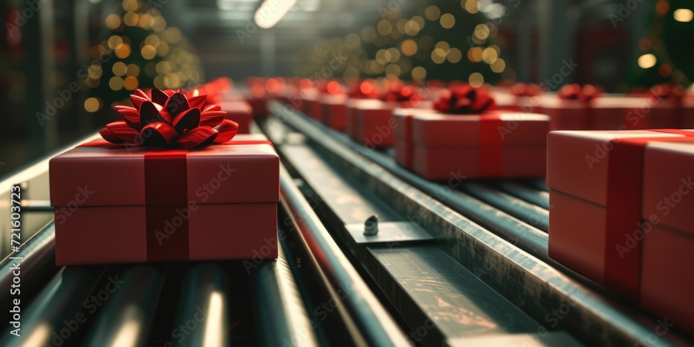 Poster a collection of red boxes placed on a conveyor belt. ideal for showcasing products or illustrating m