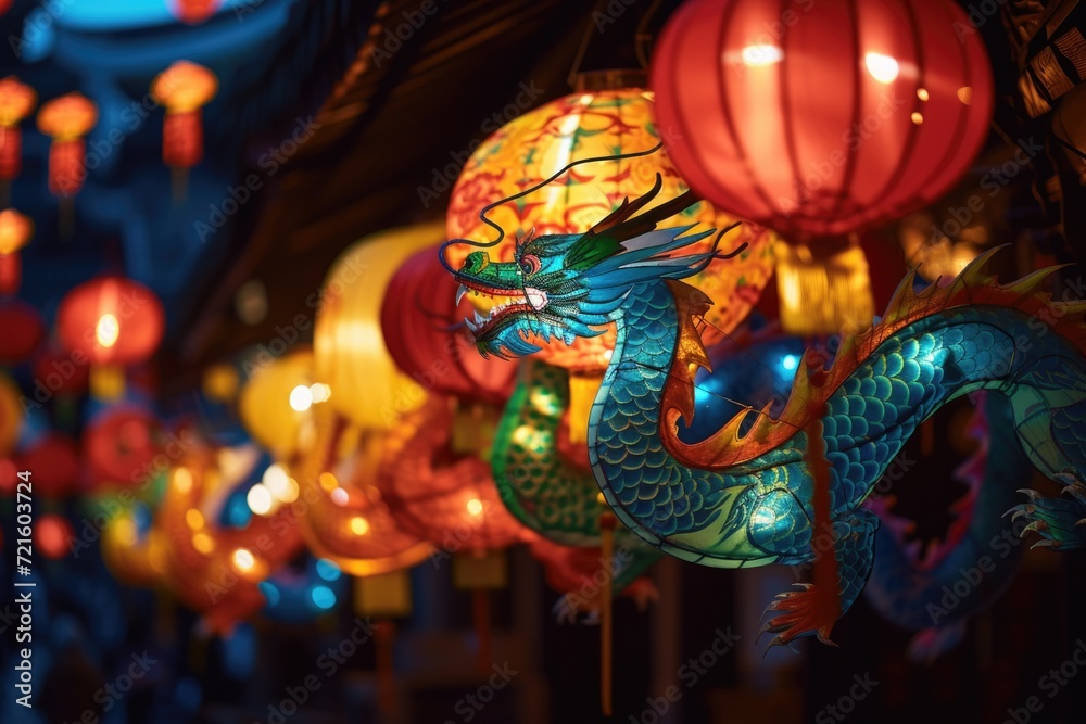 Poster colorful chinese lanterns hanging from the ceiling. perfect for festive decorations and adding a vib