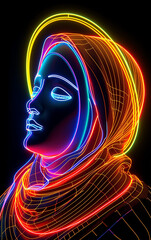 Renderização 3D, retrato de arte abstrata de Nossa senhora aparecida, brilhando com luz neon colorida sobre fundo preto