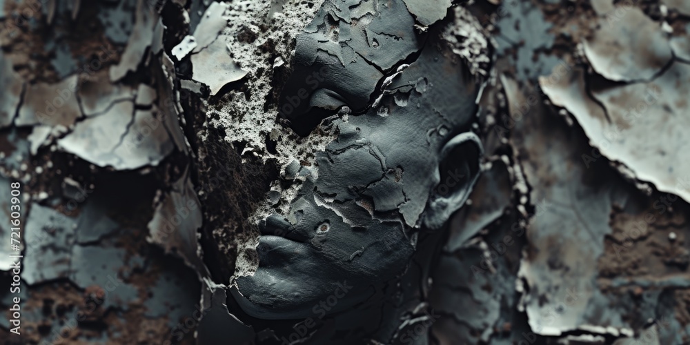 Poster a close-up view of a face with peeling paint. this image can be used to depict decay, aging, or the 