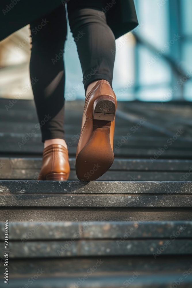 Poster a close up shot of a person walking up a flight of stairs. can be used to depict determination, prog