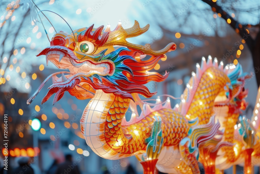 Poster colorful paper lanterns featuring a dragon design, perfect for adding a festive touch to any event o