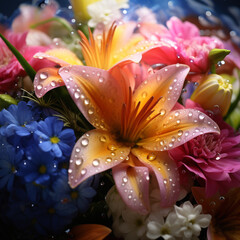 Radiant Blossom Dew: Close-Up of Vibrant Floral Arrangement with Fresh Water Droplets on Petals