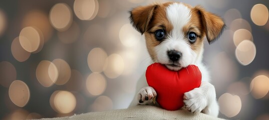 Adorable puppy holding heart shaped pillow for valentine s day with copy space on blurred background - obrazy, fototapety, plakaty