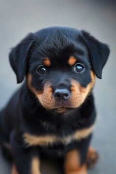 A cute and adorable small black and brown puppy sitting on the ground. Perfect for pet lovers and animal-themed projects