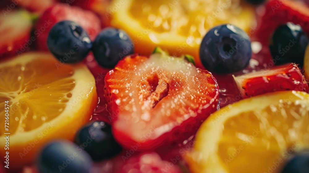 Poster a close-up view of a plate filled with a variety of fresh and colorful fruits. perfect for healthy e