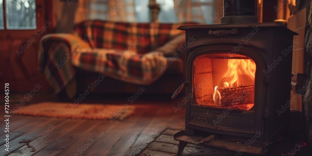 Wall mural A cozy living room with a wood burning stove. Perfect for adding warmth and ambiance to any home