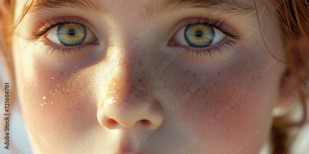 Poster close up of a child's face with freckles. perfect for portraying innocence and natural beauty. can b