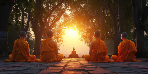 Serene warrior find spirituality and wellbeing. Mental health concept. Two buddhist monks young child and old senior man in meditation zen look at sunset or sunrise background on high mountain